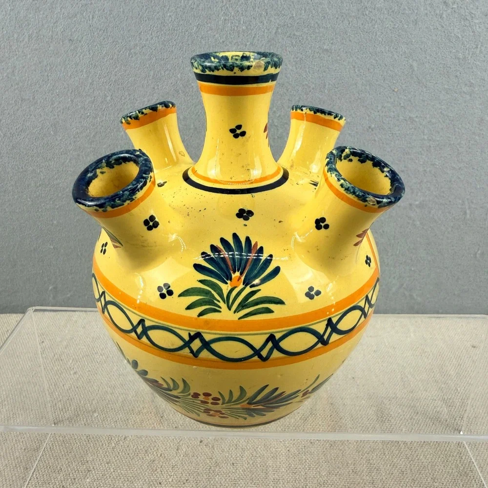 Vintage HenRiot Quimper France 5-Finger Tulip Vase Yellow Floral Quintal‎